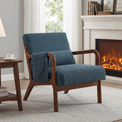 DUMOS Mid Century Modern Accent Chair, Upholstered Armchair with Lumbar Pillow and Solid Wood Frame, Comfy Reading Chair for Small Living Room, Bedroom, Guest Room, Navy Blue — Navy Blue / 1 PC