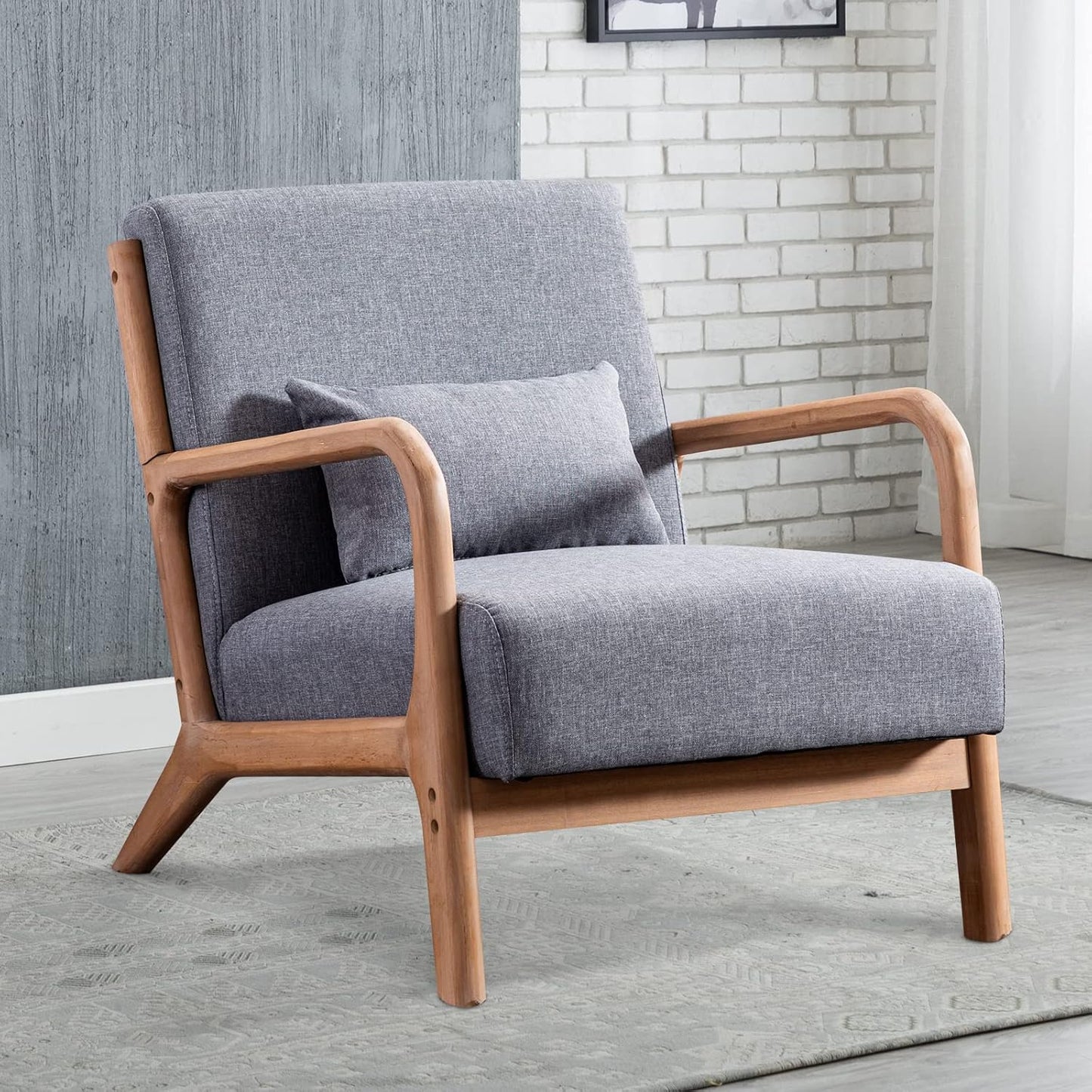 INZOY Mid Century Modern Accent Chair with Wood Frame, Upholstered Living Room Chairs with Waist Cushion, Reading Armchair for Bedroom Sunroom (Beige) — Grey / Classic