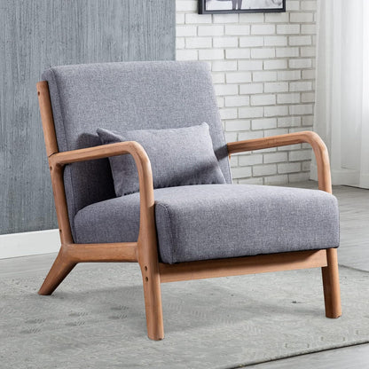 INZOY Mid Century Modern Accent Chair with Wood Frame, Upholstered Living Room Chairs with Waist Cushion, Reading Armchair for Bedroom Sunroom (Beige) — Grey / Classic