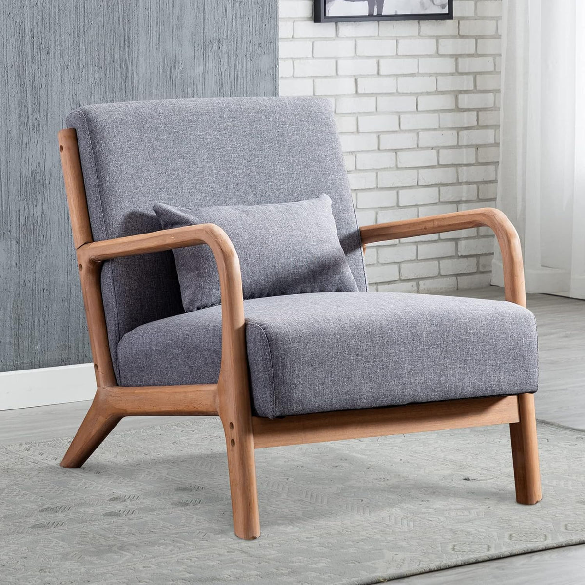 INZOY Mid Century Modern Accent Chair with Wood Frame, Upholstered Living Room Chairs with Waist Cushion, Reading Armchair for Bedroom Sunroom (Beige) — Grey / Classic