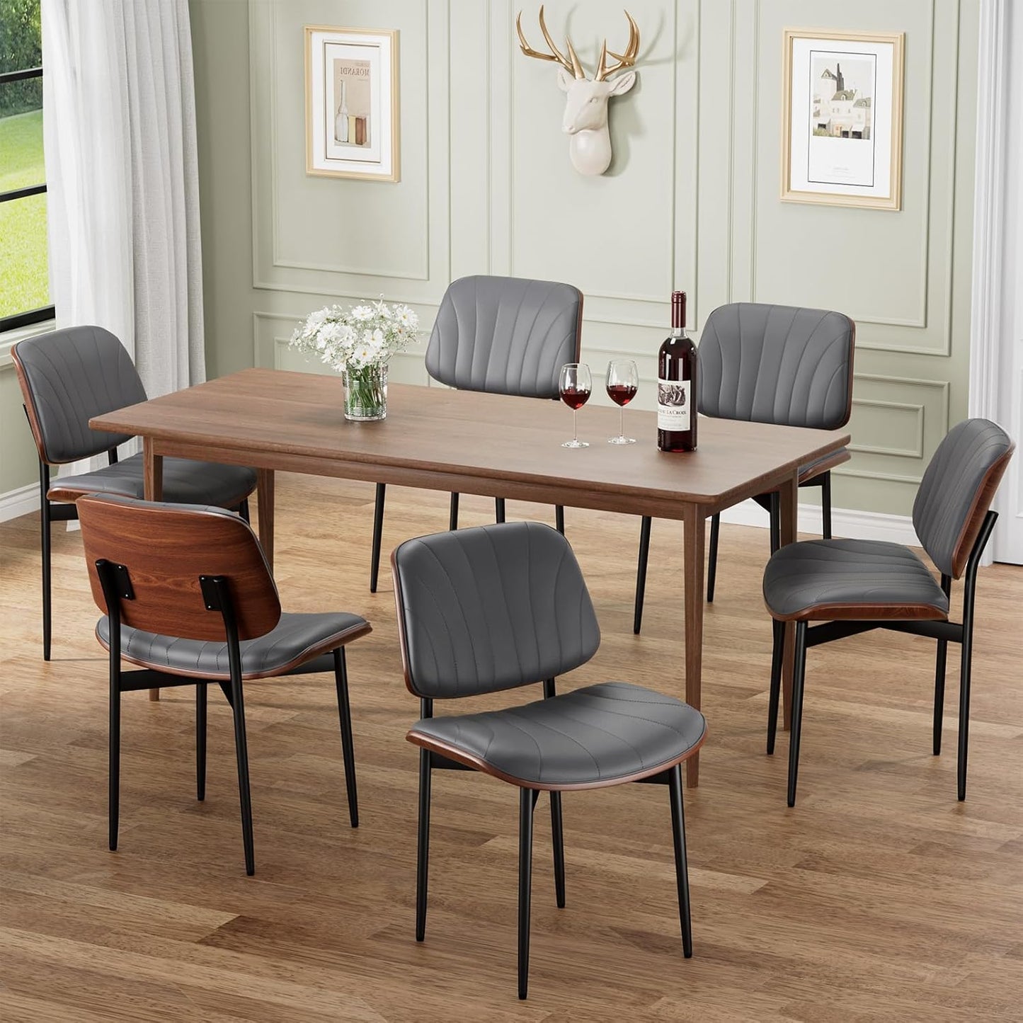 Dining Chairs Set of 4, Mid-Century Modern Upholstered PU Leather Chairs | with Walnut Bentwood Back and Metal Legs Adjustable Feet for Kitchen Dining Room, Camel Shell Strips — Dark Gray Shell Strips / 6