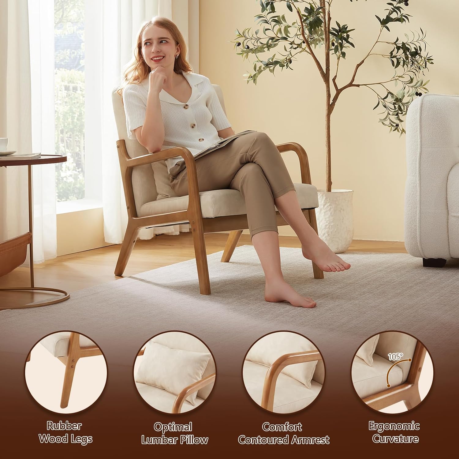 Achicsofar Accent Chair Mid Century Modern Armchair with Lumbar Support Pillow Wood Legs PU Leather Upholstered Lounge Chairs Comfy High Back Cushion for Living Room Bedroom — Beige White / Large Size (4)