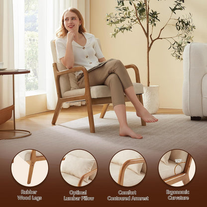 Achicsofar Accent Chair Mid Century Modern Armchair with Lumbar Support Pillow Wood Legs PU Leather Upholstered Lounge Chairs Comfy High Back Cushion for Living Room Bedroom — Beige White / Large Size (4)