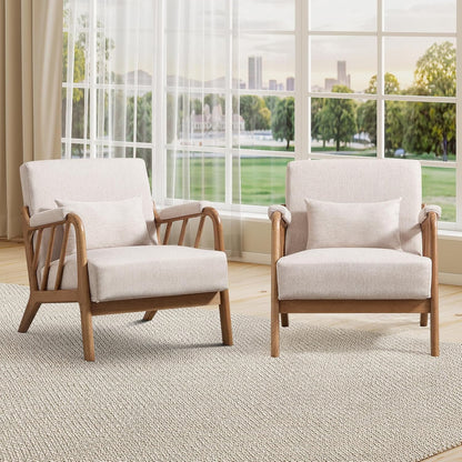INZOY Mid Century Modern Accent Chair with Wood Frame, Upholstered Living Room Chairs with Waist Cushion, Reading Armchair for Bedroom Sunroom (Beige) — Linen-beige / Farmhouse