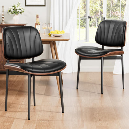 Dining Chairs Set of 4, Mid-Century Modern Upholstered PU Leather Chairs | with Walnut Bentwood Back and Metal Legs Adjustable Feet for Kitchen Dining Room, Black Shell Strips — Black Shell Strips / 2