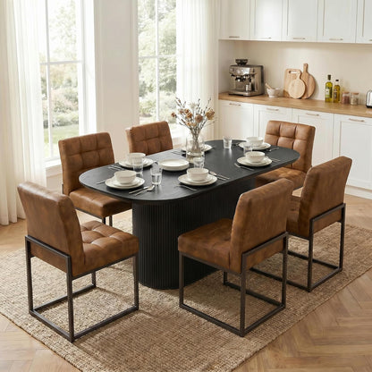 GrandNoor Coffee Faux Leather Dining Chairs Set of 4, Mid-Century Modern Dining Room Chairs with Armless, Checkered Kitchen Chair with Metal Legs — Coffee / 4PCS Dining Chairs (7)