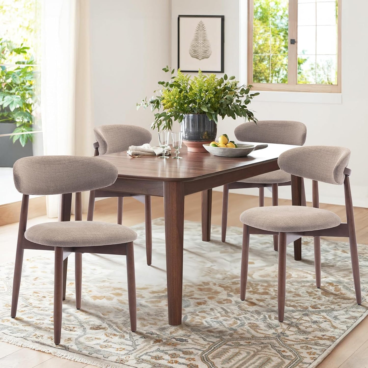 COLAMY Wooden Dining Chairs Set of 4, Modern Fabric Upholstered Kitchen Side Chairs, Farmhouse Dining Room Chair with Foot Pegs, Beige — Camel / Set of 4
