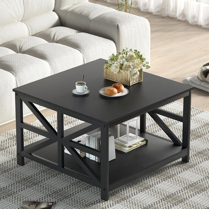 GreenForest Round Corners Coffee Table for Living Room | Rustic Style Center Table with Storage Shelf,39 Inch Space Saving Sofa Table,Easy Assembly,Gray Wash — Black / Square