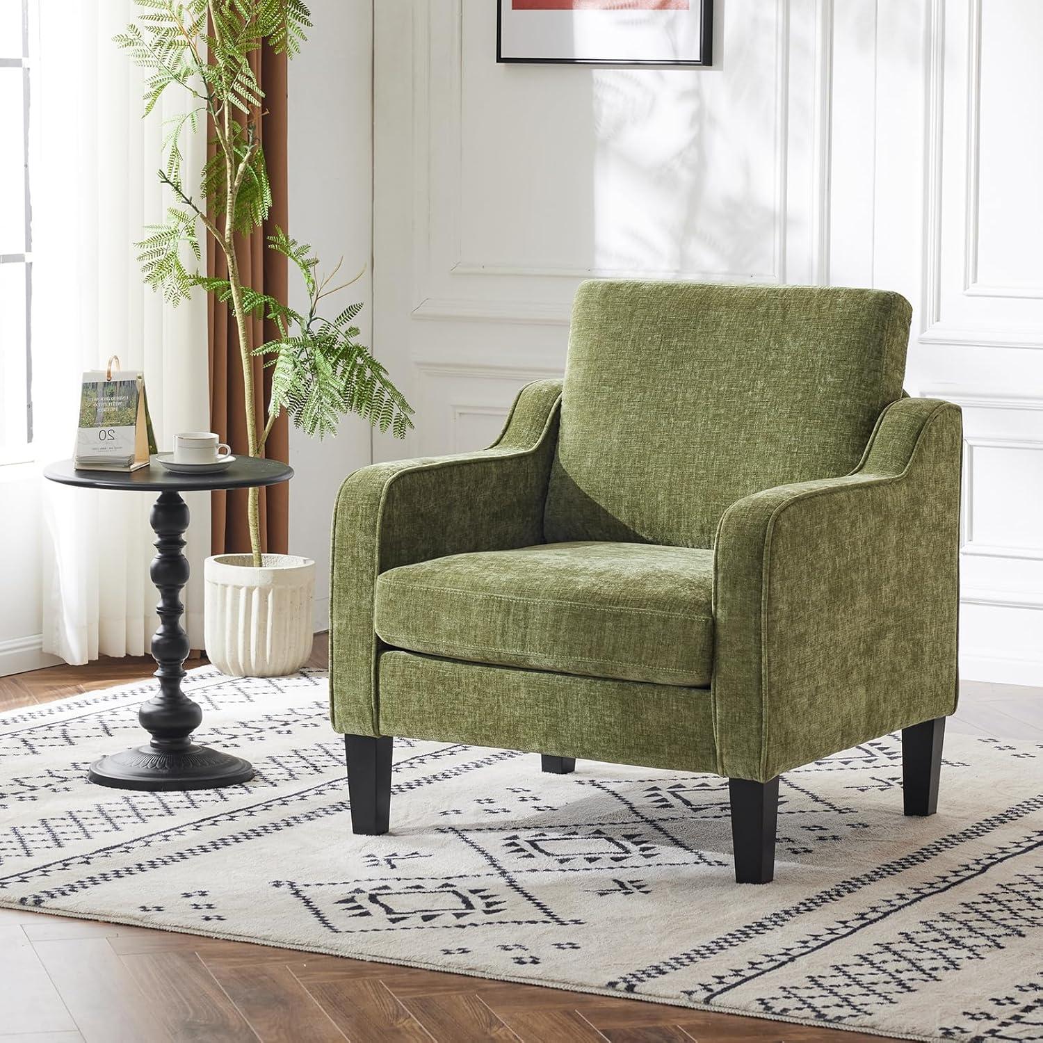 VINGLI Accent Chair for Living Room Chairs Olive Green Reading Chair for Bedroom Scooped Arm Chair Mid Century Modern Accent Chairs Upholstered Comfy Chair for Apartment, Waiting Room — 1 / Olive Green Chenille (2)