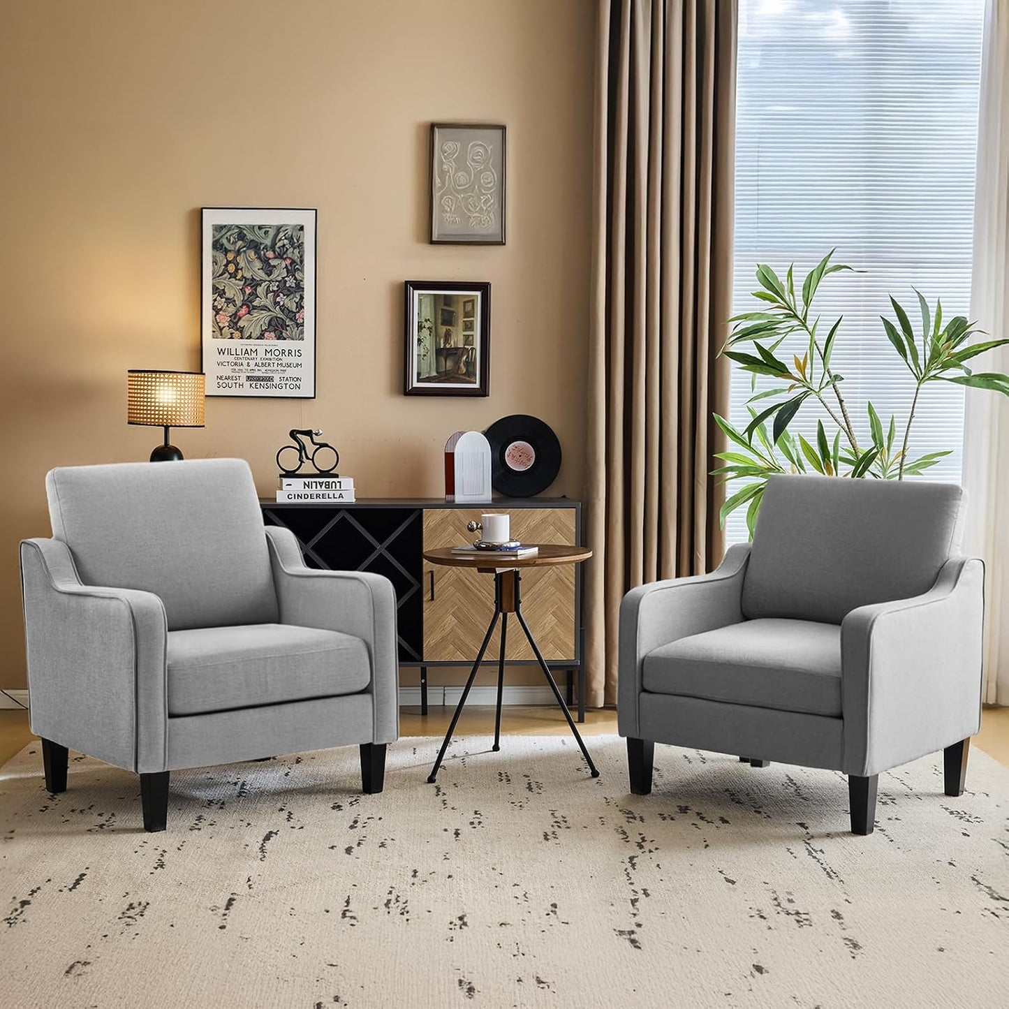 VINGLI Modern Accent Chairs Set of 2, Beige Living Room Chairs Comfy Armchair for Bedroom, Upholstered Sofa Chair Reading Chair for Small Spaces, Apartment, Waiting Room — 2 / Light Grey Linen