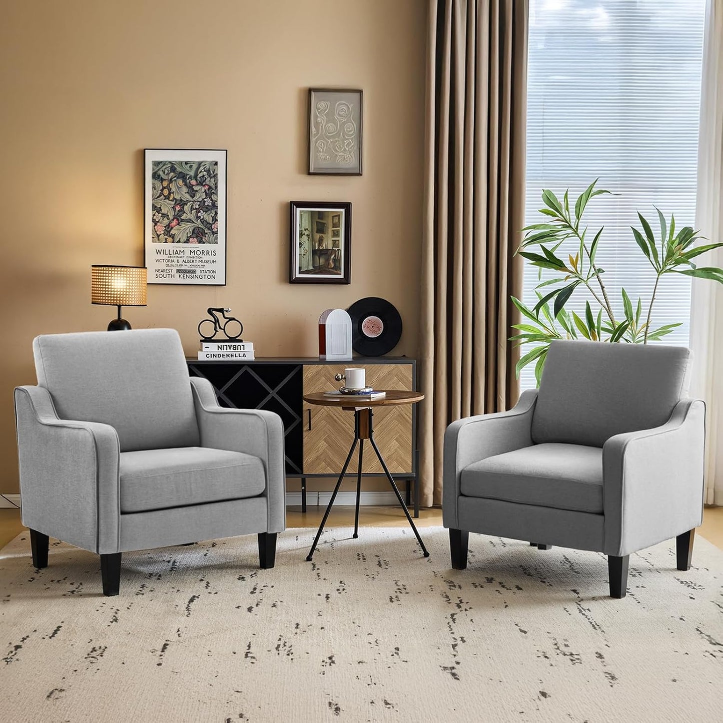 VINGLI Accent Chair for Living Room Chairs Olive Green Reading Chair for Bedroom Scooped Arm Chair Mid Century Modern Accent Chairs Upholstered Comfy Chair for Apartment, Waiting Room — 2 / Light Grey Linen