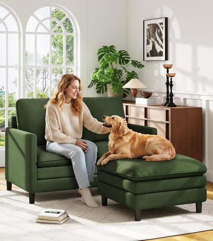 Welzona Sofa Accent Chair, 33" Reading Chair for Bedroom, Tool-Free Setup Living Room Accent Chairs, Comfy Arm Chairs Living Room, All-Wood Reading Nook, Beige — Green / cloud loveseat & ottoman