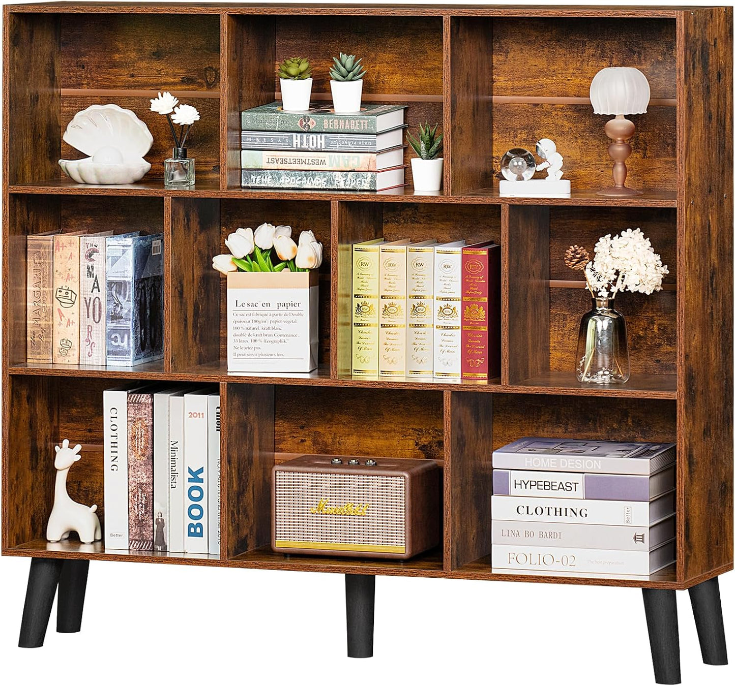 LEYAOYAO Cube Bookshelf 3 Tier Mid-Century Rustic Brown Modern Bookcase with Legs,Retro Wood Bookshelves Storage Organizer Shelf,Freestanding Open Book Shelves for Bedroom,Living Room,Office — Brown / 10 Cube with Legs