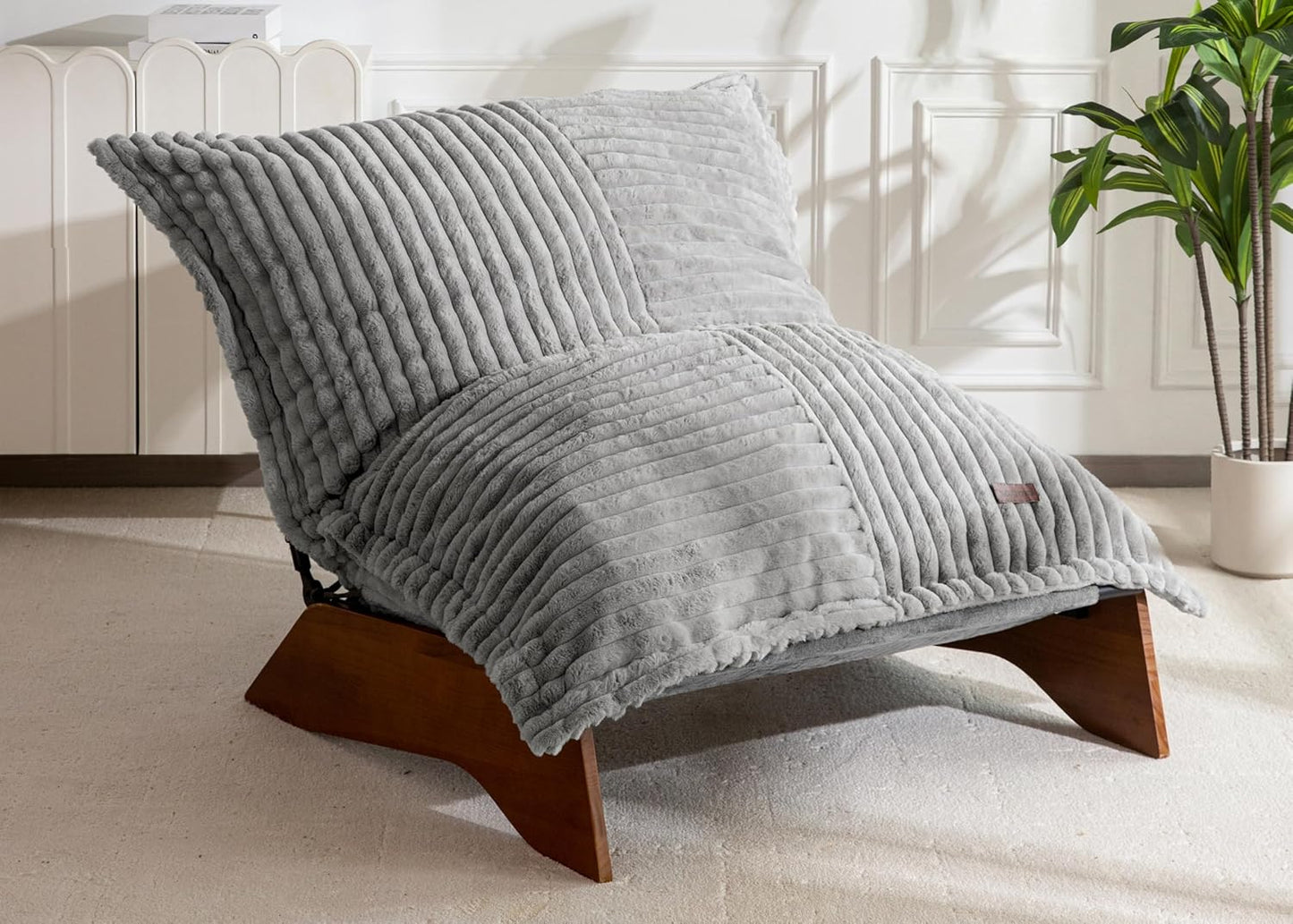MAXYOYO Adjustable Living Room Chair, 3-Position Bean Bag Chair with Removable Cover, Upholstered Accent Chair with Frame, Soft Reclining Lounge for Bedroom, Apartment, Office, Green — Striped Cross Grey / Large