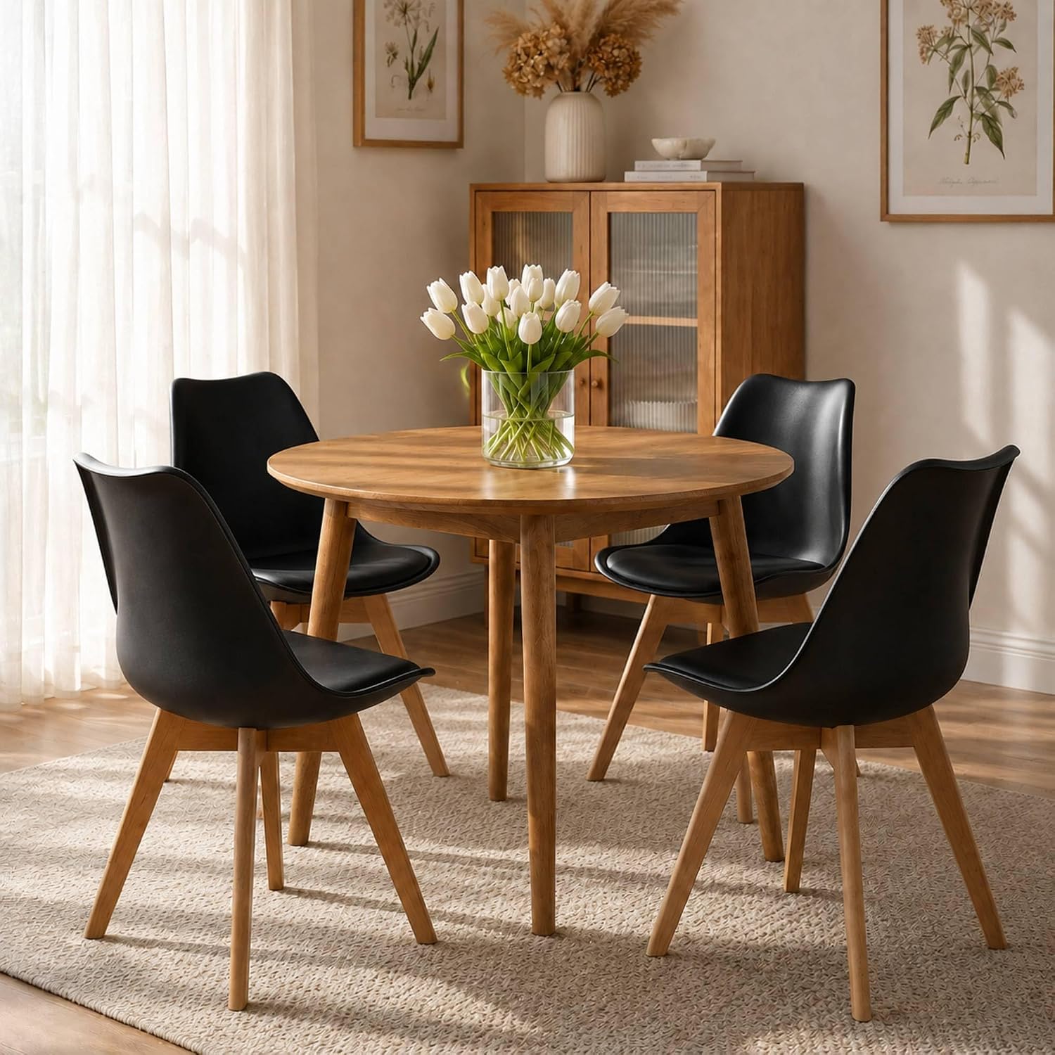 Dining Chairs Set of 4, Modern Upholstered Dining Room Chairs with PU Leather Padded Seat, Armless Kitchen Chairs with Curved Backrest and Solid Wood Legs for Dining Room, Kitchen, Apartment, Black — Black / Pack of 4 (2)