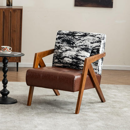 Mid-Century Modern Accent Chair with Solid Wood Frame，Upholstered Chenille Living Room Arm Chairs with Pillow for Bedroom, Living Room, Balcony, Reading Room, Green
