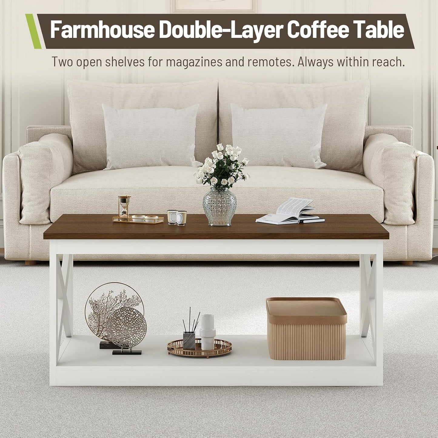 3 Pieces Farmhouse Coffee Table and End Table Sets with AC | 2 Side Tables with USB Ports for Living Room, Office, Apartment, White and Walnut