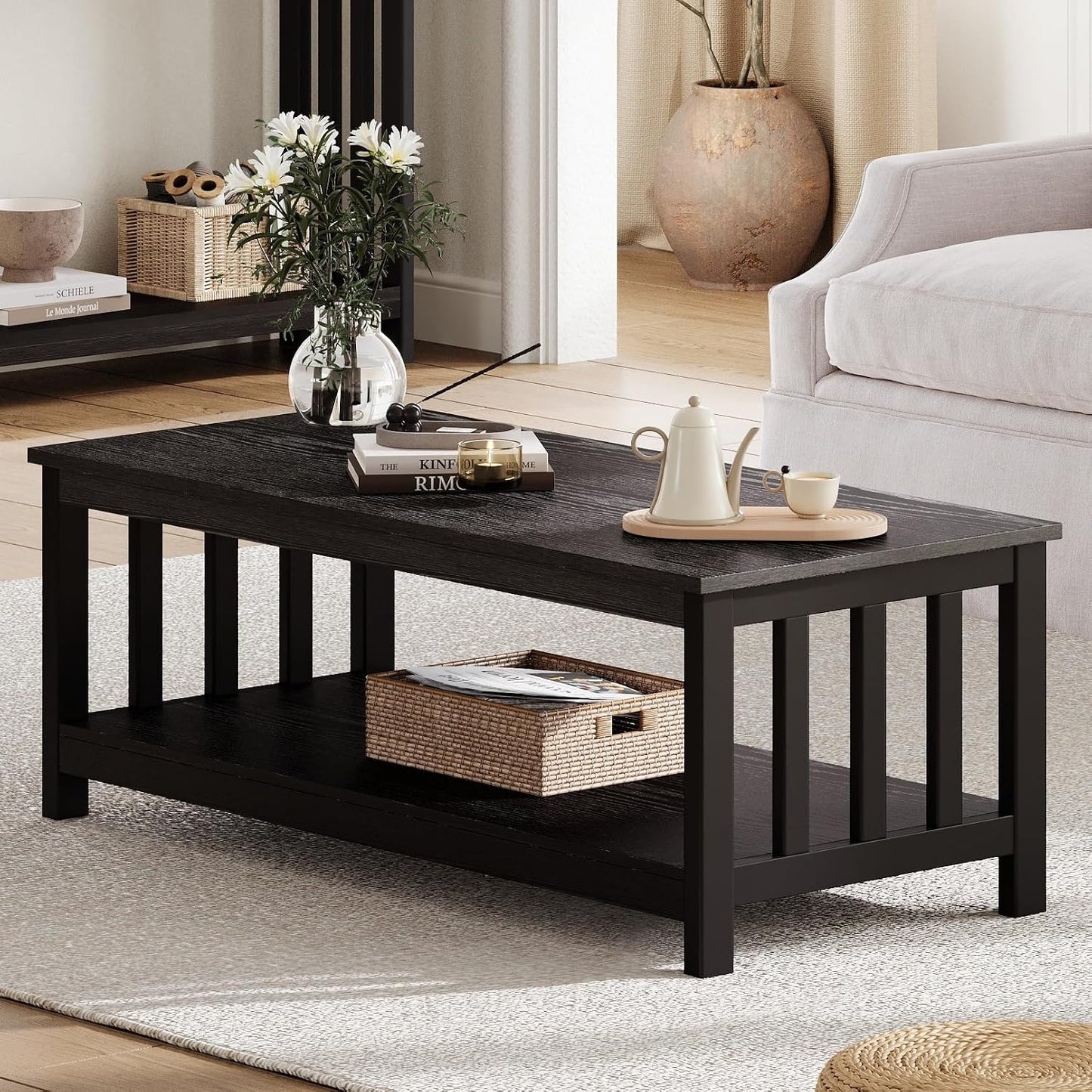 ChooChoo Mission Coffee Table, Black Wood Living Room Table with Shelf, 40 Black