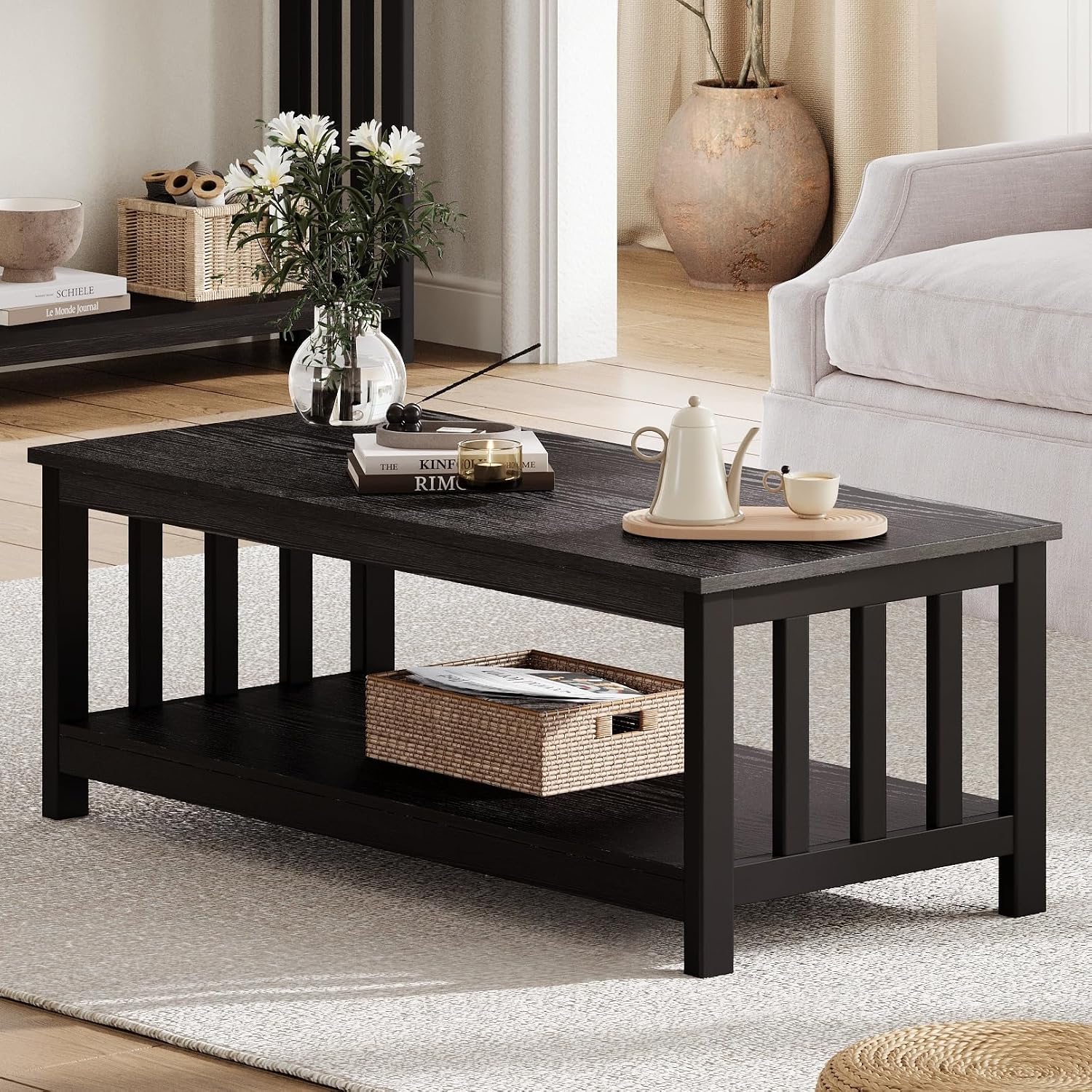 ChooChoo Mission Coffee Table, Black Wood Living Room Table with Shelf, 40 Black