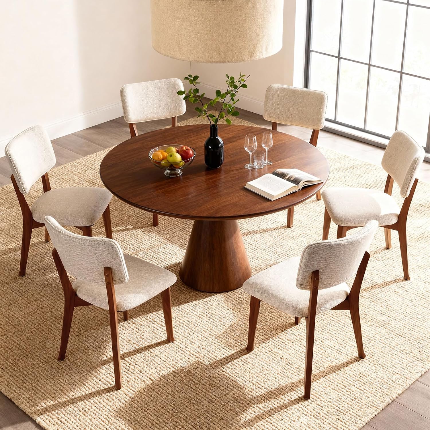 Wooden Dining Chairs Set of 2, Mid Century Modern Kitchen Chairs with Fabric Upholstered and Curved Backrest for Dining Room, Restaurant/Cafe, Walnut — Walnut / 2 (6)