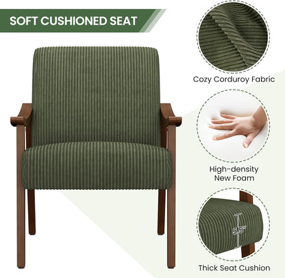 Yaheetech Corduroy Accent Chair, Mid-Century Modern Armchair with Solid Wood Legs, Reading Leisure Chair with High Back for Living Room Bedroom Waiting Room Dark Green — Dark Green / Corduroy Fabric (5)