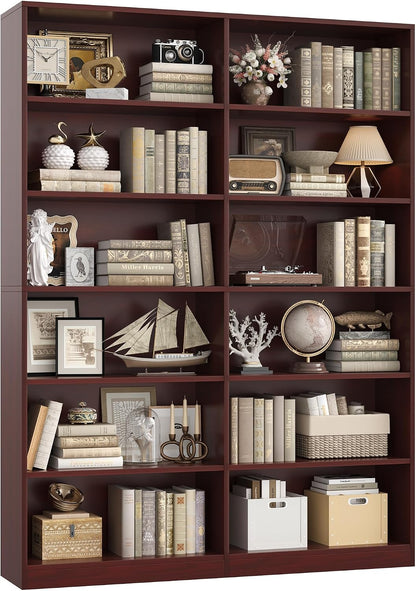 FACBOTALL Bookshelf and Bookcase, 6-Tier Double Wide Bookshelves,Freestanding Display Storage Shelves, Tall Bookcases for Home Decor Bedroom, Living Room, Home Office, Light Oak — Cherry