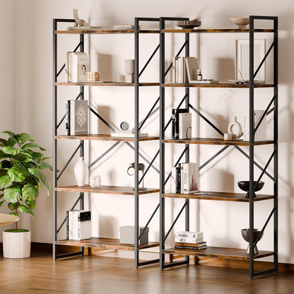 Shintenchi 5 Tiers Bookshelf, Classically Tall Bookcase Shelf, Industrial Book Rack, Modern Book Holder in Bedroom/Living Room/Home/Office, Storage Rack Shelves for Books/Movies-Rustic Brown — Rustic Brown (5)