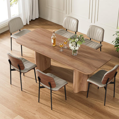 Dining Chairs Set of 4, Mid-Century Modern Upholstered PU Leather Chairs | with Walnut Bentwood Back and Metal Legs Adjustable Feet for Kitchen Dining Room, Camel Shell Strips — Greige Shell Strips / 6