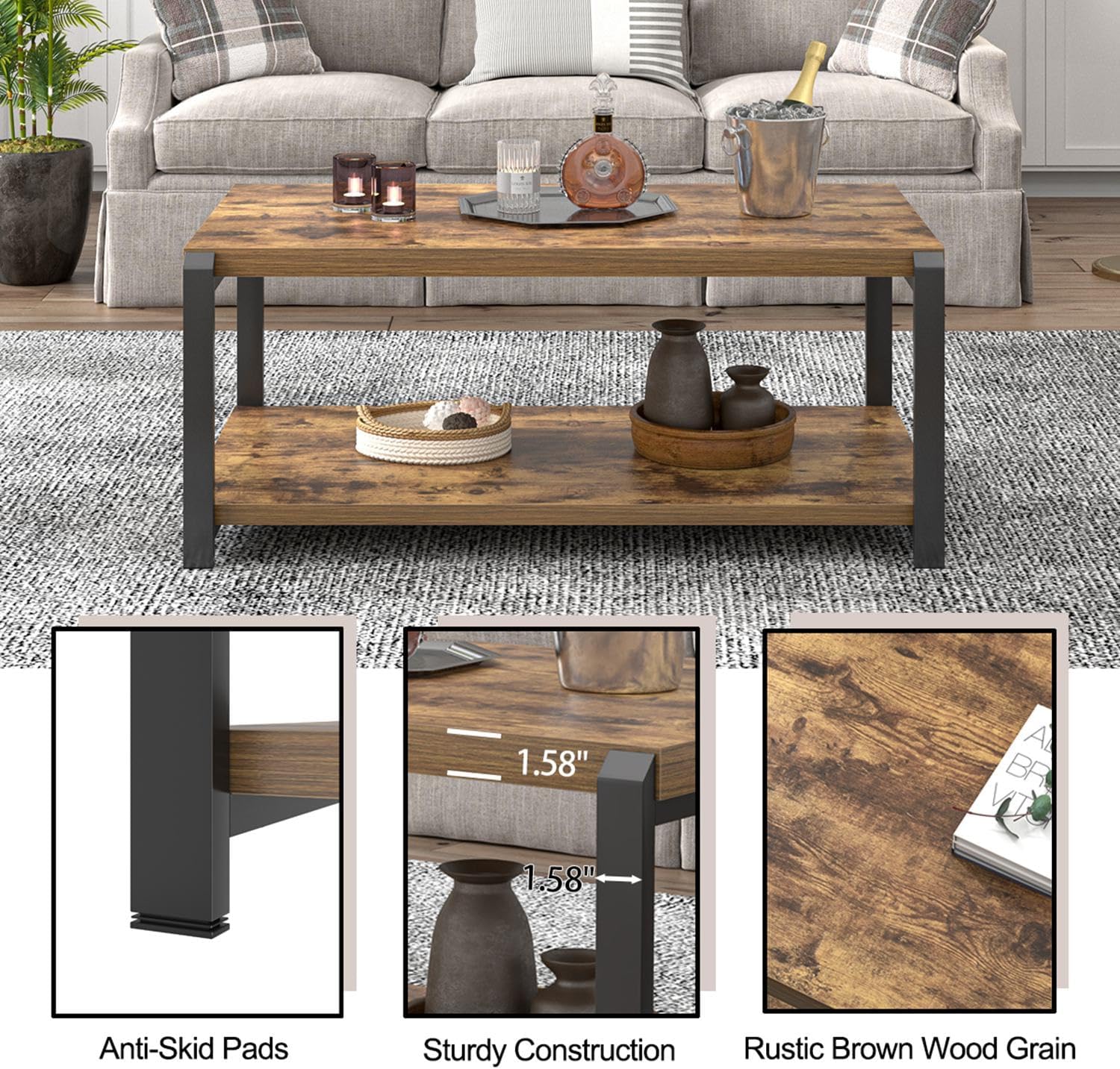 EXCEFUR Modern Coffee Table, Industrial Wood and Metal Center Table, Cocktail Tea Tables for Living Room, Rustic Brown — Rustic Brown (5)