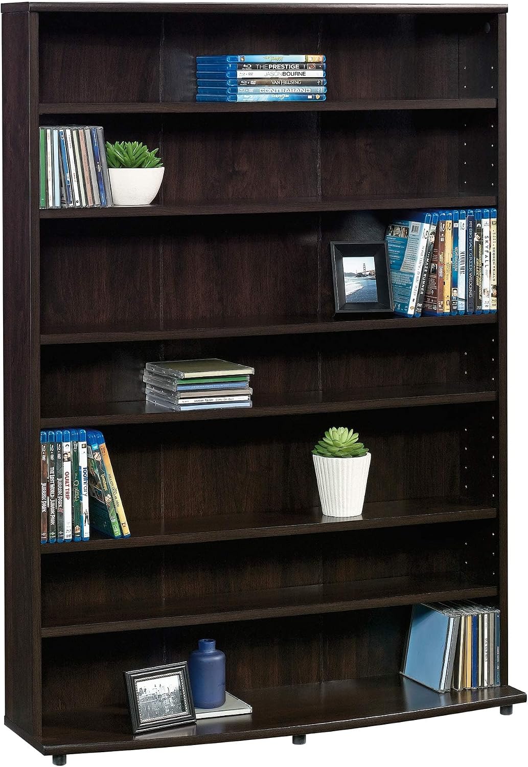 Sauder Multimedia 7 tier Storage Tower, Cinnamon Cherry finish — L:32.44" x W:9.41" x H:45.35 / Cinnamon Cherry