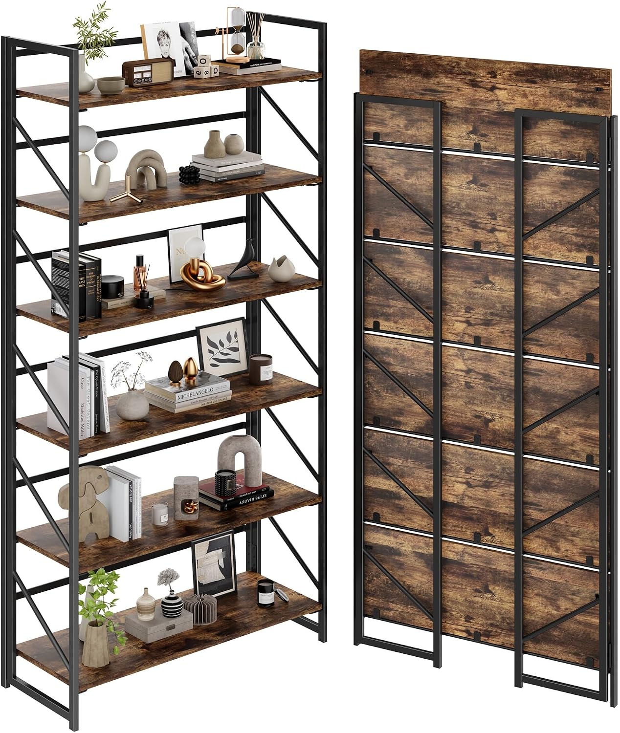 JSB No Assembly Folding Bookshelf, 4 Tier Industrial Metal Book Shelf for Storage, Vintage Wood Foldable Bookcase for Living Room, Bedroom, Office Organization Shelves — Fire Brown / Wide Flat Tube 6-Tier