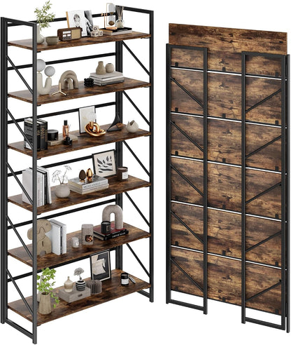 JSB No Assembly Folding Bookshelf, 4 Tier Industrial Metal Book Shelf for Storage, Vintage Wood Foldable Bookcase for Living Room, Bedroom, Office Organization Shelves — Fire Brown / Wide Flat Tube 6-Tier