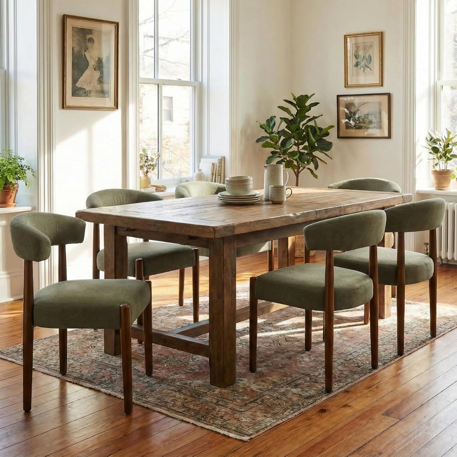 VKNOW Wooden Dining Chairs Set of 4, Modern Upholstered Dining Room Chairs with Walnut Wood Legs and Curved Backrest, Fabric Kitchen Chairs for Farmhouse/Living Room/Dining Room, Green — Set of 4 / Green (8)