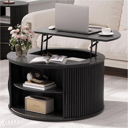 JOINICE 31.5" Round Coffee Table with Storage for Living Room, Walnut | Hidden Storage,Fluted Sliding Door,Mid Century Furniture for Small Apartments,Solid Wood Legs,Easy Assembly,Up to 110 lbs — Black_round (Lift Top)