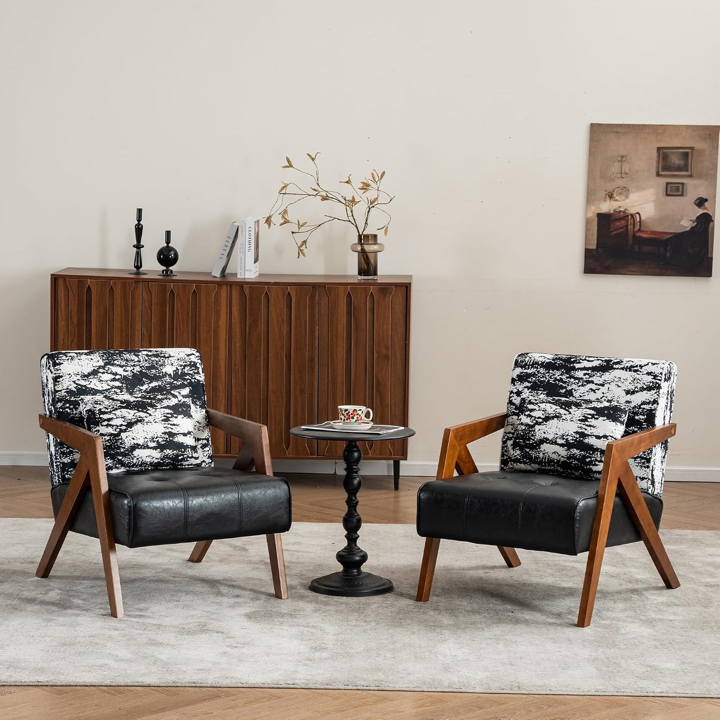 Mid-Century Modern Accent Chair with Solid Wood Frame，Upholstered Chenille Living Room Arm Chairs with Pillow for Bedroom, Living Room, Balcony, Reading Room, Green — 1 / Black