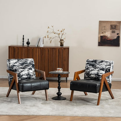 Mid-Century Modern Accent Chair with Solid Wood Frame，Upholstered Chenille Living Room Arm Chairs with Pillow for Bedroom, Living Room, Balcony, Reading Room, Green — 1 / Black
