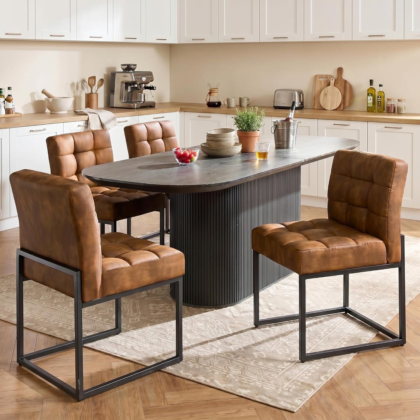 GrandNoor Coffee Faux Leather Dining Chairs Set of 4, Mid-Century Modern Dining Room Chairs with Armless, Checkered Kitchen Chair with Metal Legs — Coffee / 4PCS Dining Chairs