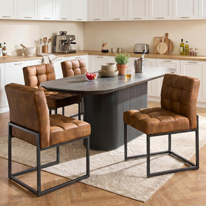GrandNoor Coffee Faux Leather Dining Chairs Set of 4, Mid-Century Modern Dining Room Chairs with Armless, Checkered Kitchen Chair with Metal Legs — Coffee / 4PCS Dining Chairs