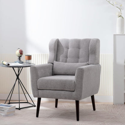 Accent Chair, Comfy Upholstered Living Room Chairs with High Tufted Backrest and Pillow, Wingback Reading Chair with Solid Wood Legs for Bedroom/Office,Teddy Fabric, Light Green — Set of 1 / Grey
