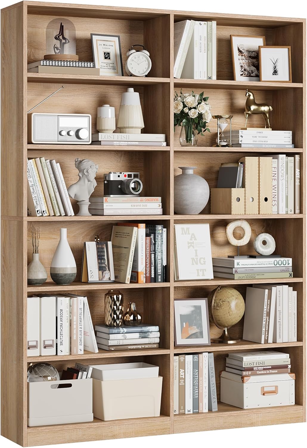 FACBOTALL Bookshelf and Bookcase, 6-Tier Double Wide Bookshelves,Freestanding Display Storage Shelves, Tall Bookcases for Home Decor Bedroom, Living Room, Home Office, Light Oak — Light Oak