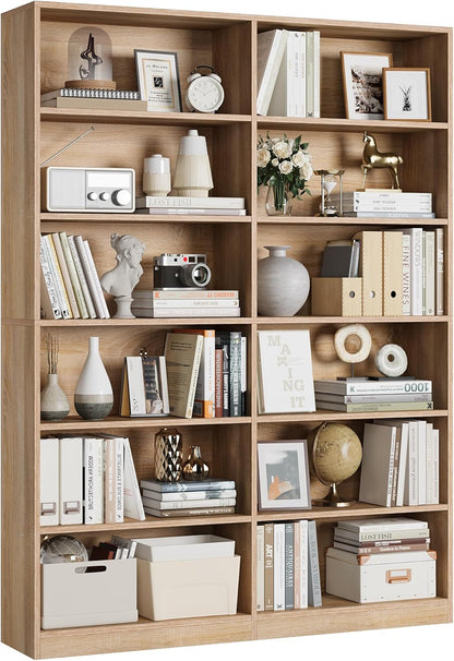 FACBOTALL Bookshelf and Bookcase, 6-Tier Double Wide Bookshelves,Freestanding Display Storage Shelves, Tall Bookcases for Home Decor Bedroom, Living Room, Home Office, Light Oak — Light Oak