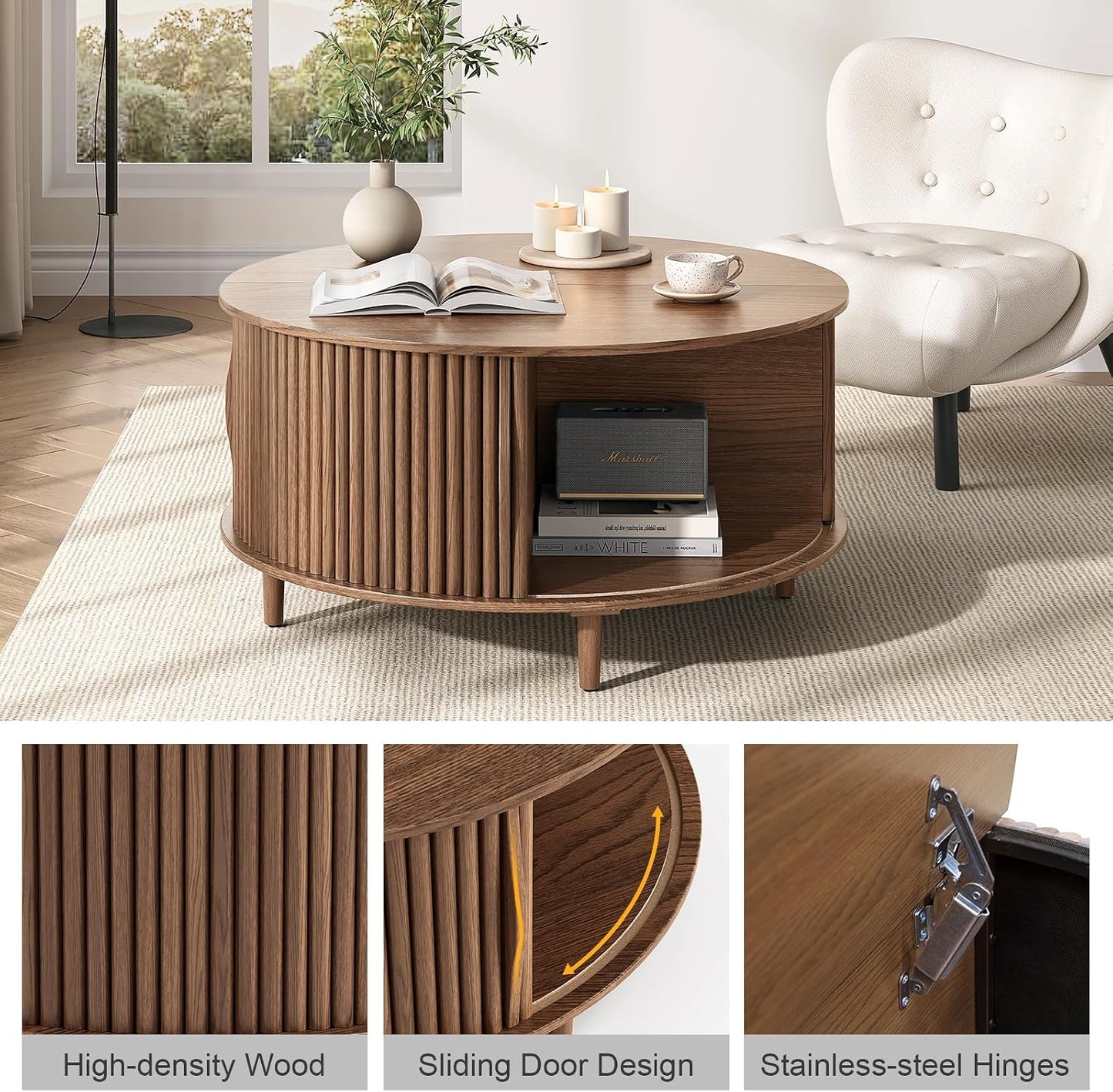 JOINICE 31.5" Round Coffee Table with Storage for Living Room, Walnut | Hidden Storage,Fluted Sliding Door,Mid Century Furniture for Small Apartments,Solid Wood Legs,Easy Assembly,Up to 110 lbs — Walnut_round (3)