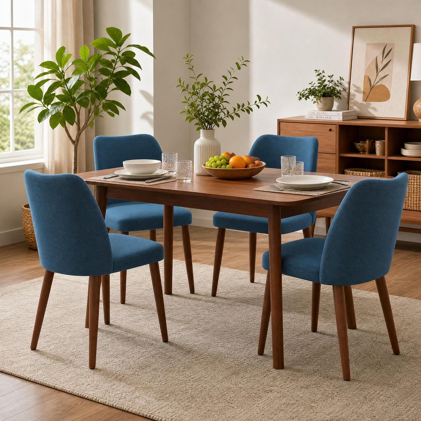 GarveeHome Dining Chairs Set of 4, Modern Hollow Back Dining Room Chair | Upholstered Kitchen Chairs with Adjustable Foot Pads, Wooden Dinner Chair for Kitchen Dining Room — Navy Blue