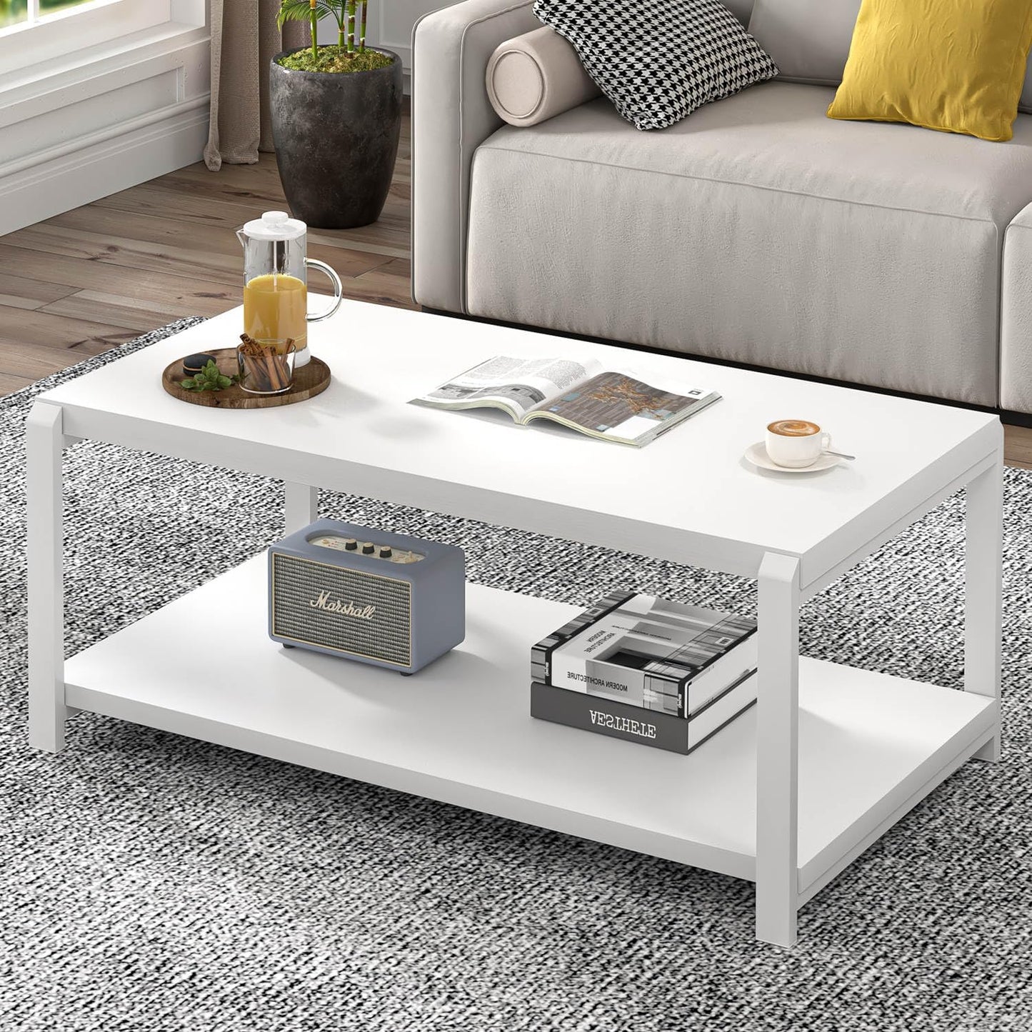 EXCEFUR Modern Coffee Table, Industrial Wood and Metal Center Table, Cocktail Tea Tables for Living Room, Rustic Brown — White Oak