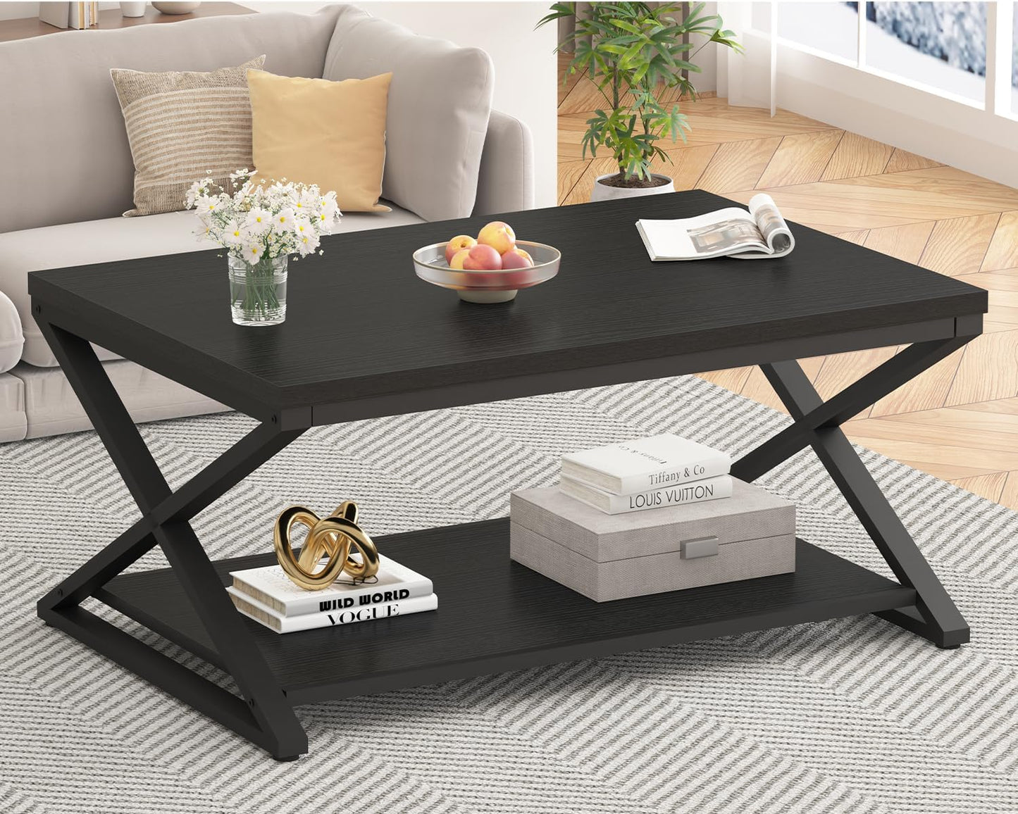 HSH Wood Coffee Table with Storage, Farmhouse Rustic Brown Coffee Table for Living Room, Modern Minimalist 2 Tier Center Table, Simple Rectangle Cocktail Tea Table in Home Office Bedroom, 39 Inch — 39 Inch / Black Oak