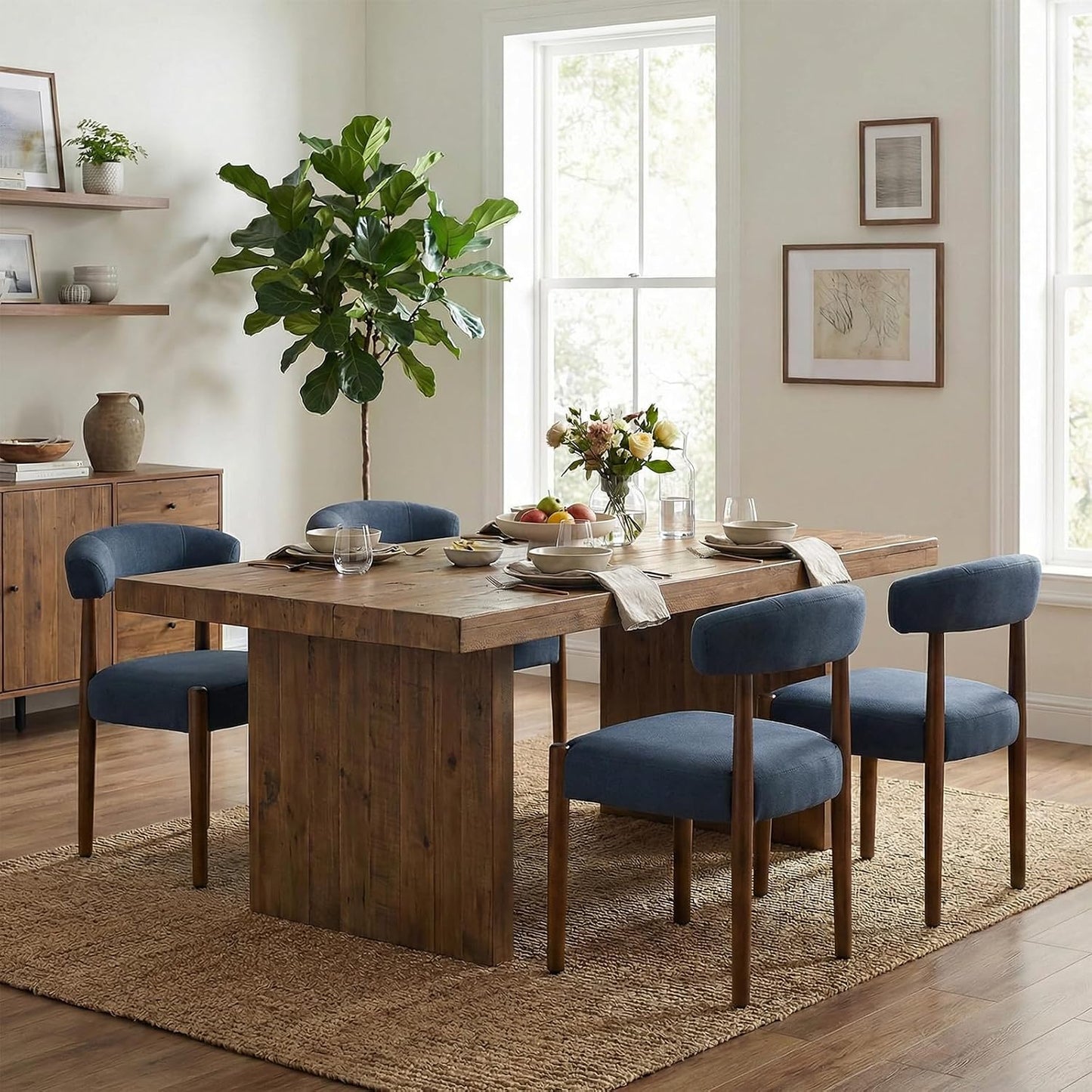 VKNOW Wooden Dining Chairs Set of 4, Modern Upholstered Dining Room Chairs with Walnut Wood Legs and Curved Backrest, Fabric Kitchen Chairs for Farmhouse/Living Room/Dining Room, Green — Set of 4 / Blue