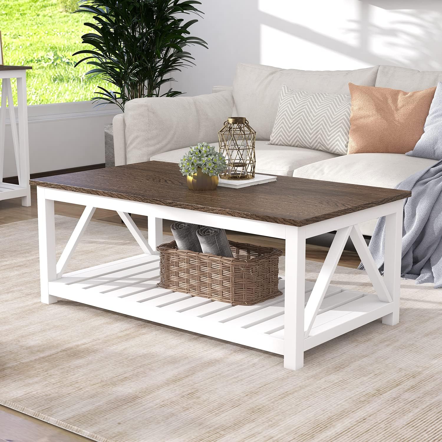ChooChoo Farmhouse Coffee Table, Rustic Vintage Living Room Table with Shelf, 40 White — White / 40 Inches