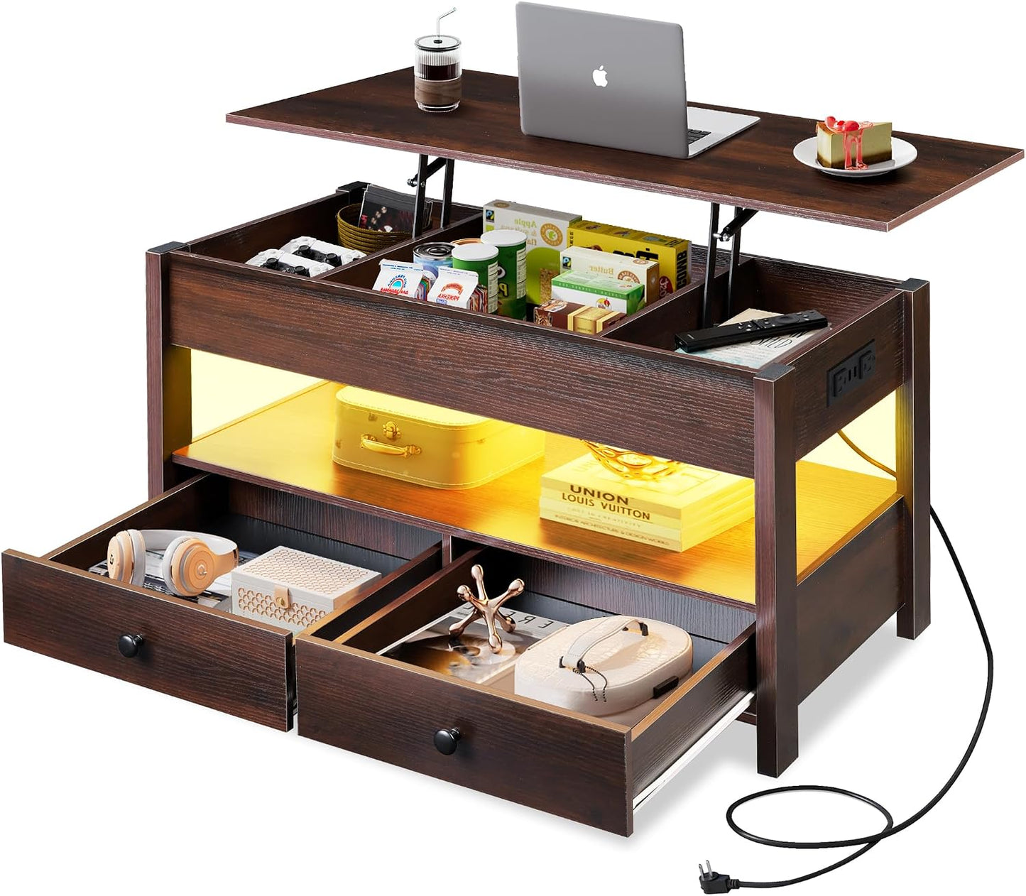 WLIVE Coffee Table with Lifting Top, Hidden Storage & Adjustable Shelf for Living Room Small Space, Multifunctional Rising Wooden Center Table, Mid Century Modern Tables for Home Dining Office, Brown — Espresso / 39.4" With Drawers