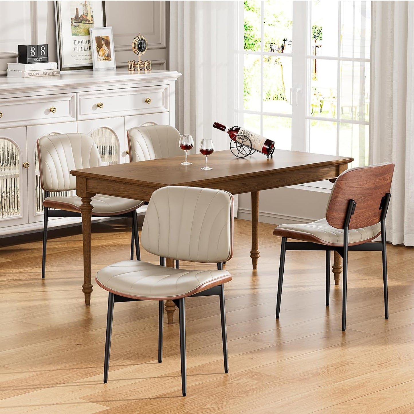 YaFiti Mid Century Dining Chairs Set of 4 with Walnut Bentwood, Greige | Ergonomic Walnut Backrest, Upholstered Waterproof PU Leather Seat, Stable Metal Legs, Adjustable Footpads, Apartment Friendly — Greige Scallop / 4 (3)