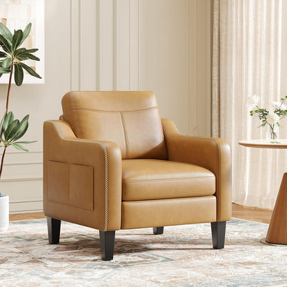 MALOL PU Leather Accent Chair, Mid-Century Modern Living Room Armchair Sofa with Removable Cushions, Solid Wood Frame & Stitched Armrest Design, Bedroom Chair with Plastic Legs, Chocolate Brown